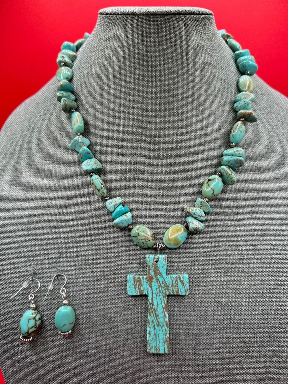 Southwest Turquoise Cross Nugget Sterling Silver & Metal Necklace Earrings Set